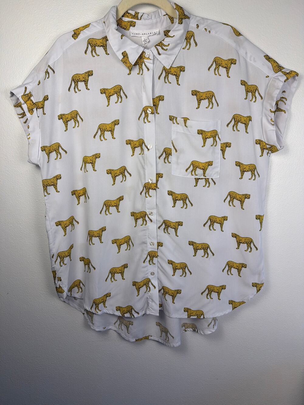Jane and Delancey White Button-Up Blouse with Yellow Cheetah Print